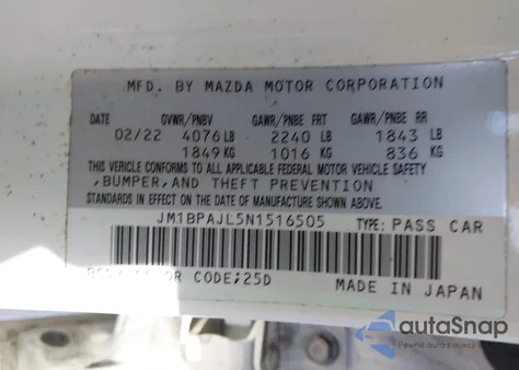 2022 Mazda Mazda3 2.5 S from USA, damaged, VIN JM1BPAJL5N1516505
